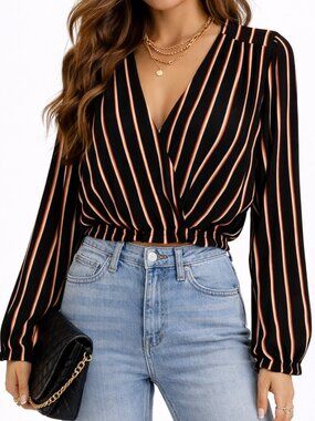 Black Rust Stripe Faux Wrap Blouse Deep V Cropped Top M